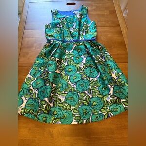 Liz Claiborne Green & Blue Floral Jacquard Fit & Flare Dress | Size 12